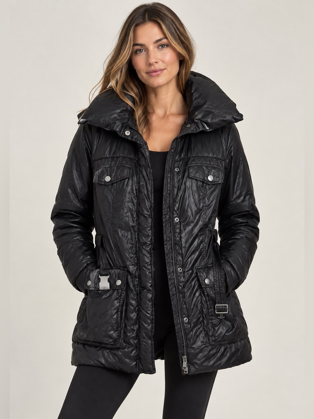 DKNY Black Down Puffer Jacket Quilted Hooded Utility Size Medium Fall Luxury